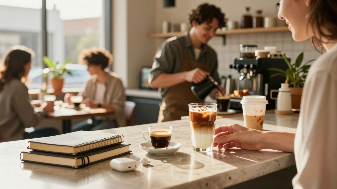 Pessoa segurando copo de café em mesa de cafeteria com notebooks e outras bebidas ao fundo.