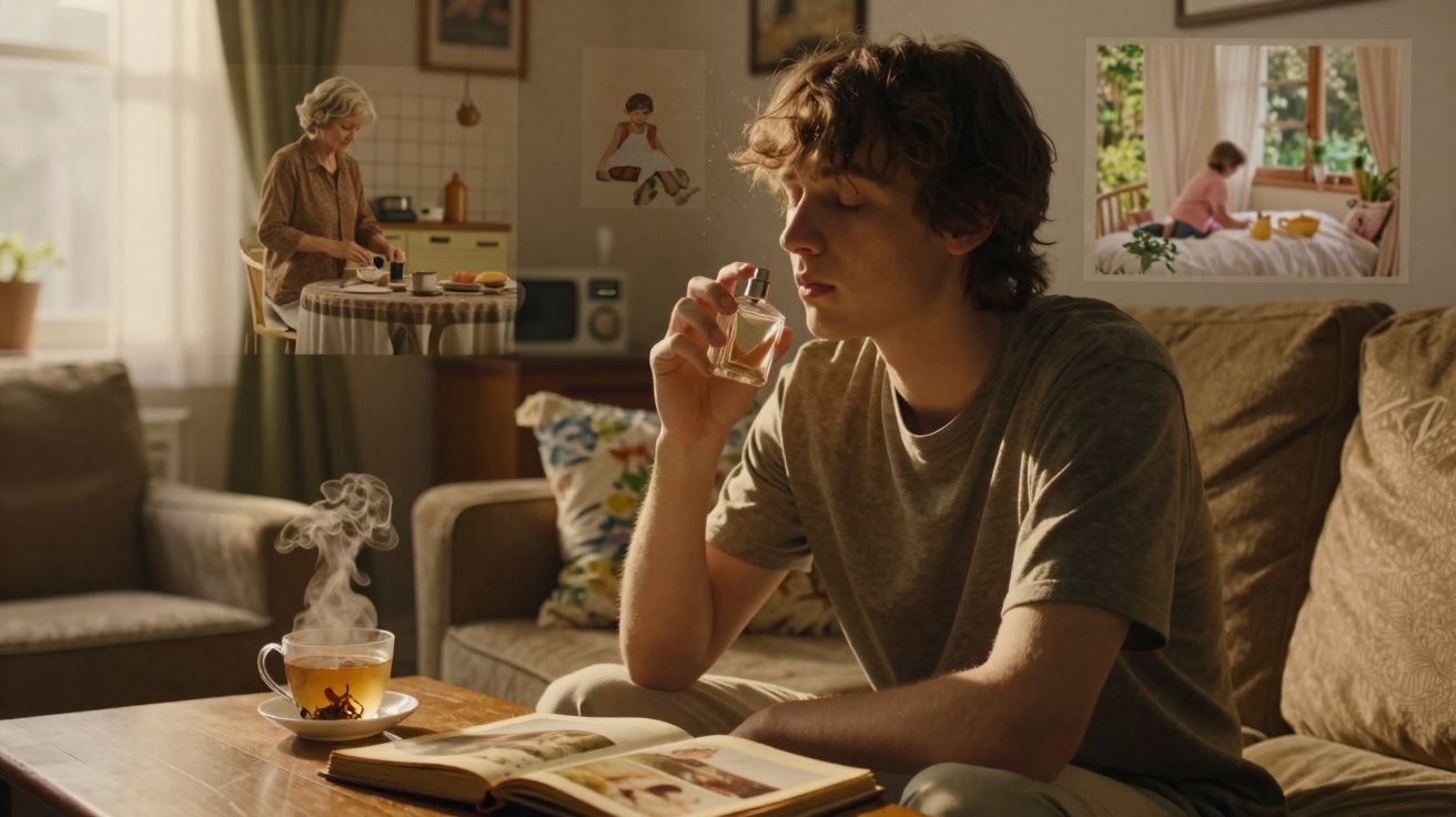 Jovem sentado no sofá cheirando perfume, com fotos de mulher idosa e jovem em ambientes caseiros ao fundo.