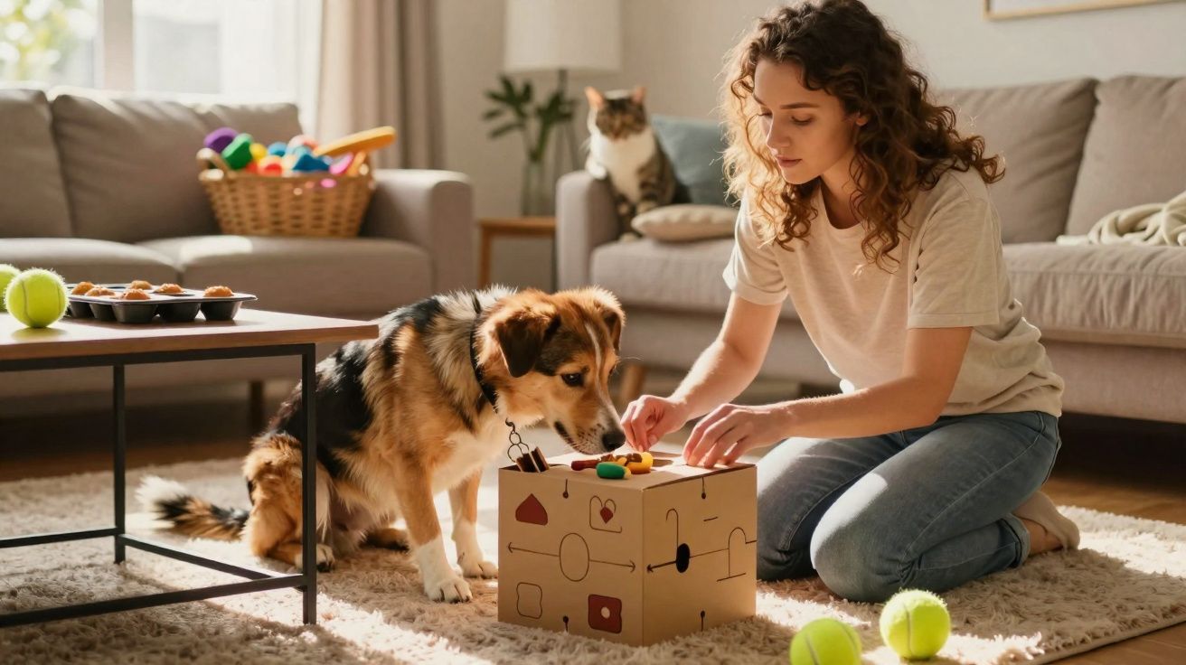 Mulher brinca com cachorro usando brinquedo de estimulação mental em sala de estar iluminada.