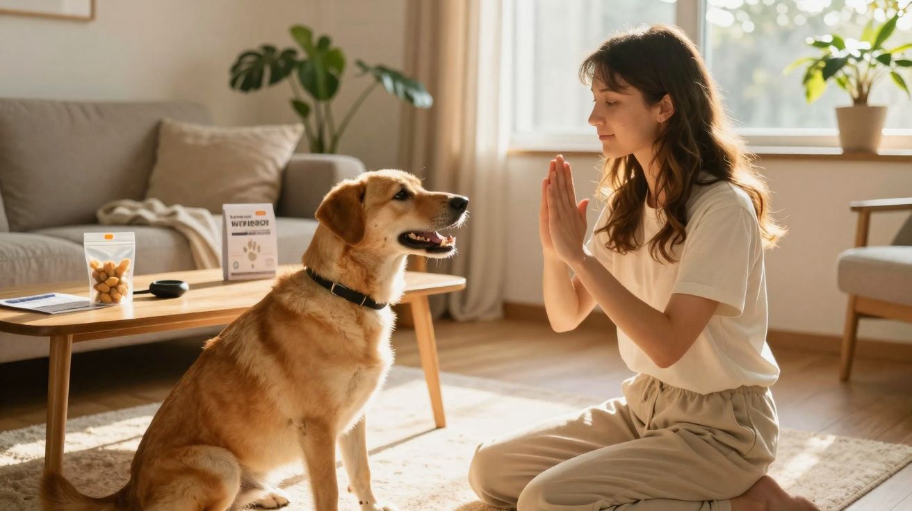 Mulher treinando cachorro em sala iluminada, sentada no chão em frente ao animal sentado.