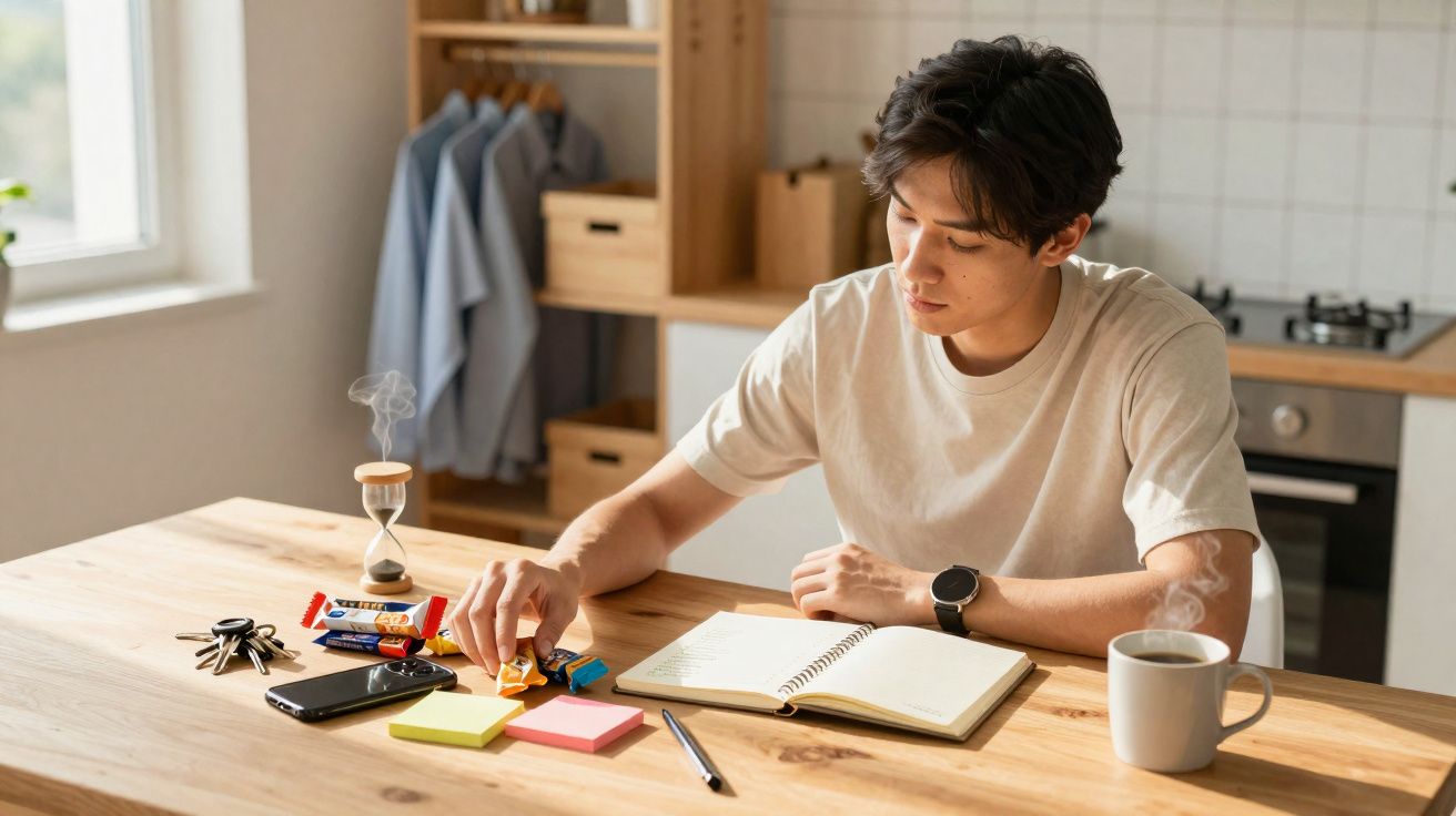 Homem jovem em cozinha pega doce enquanto estuda em caderno aberto sobre mesa de madeira.