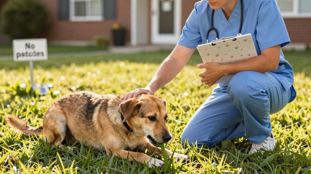 Veterinário de jardineira azul acariciando um cachorro na grama em área externa.