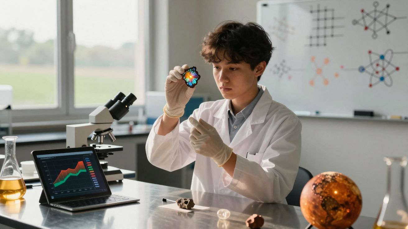 Jovem cientista em laboratório analisando amostra colorida, laptop com gráfico, microscópio e globo na mesa.