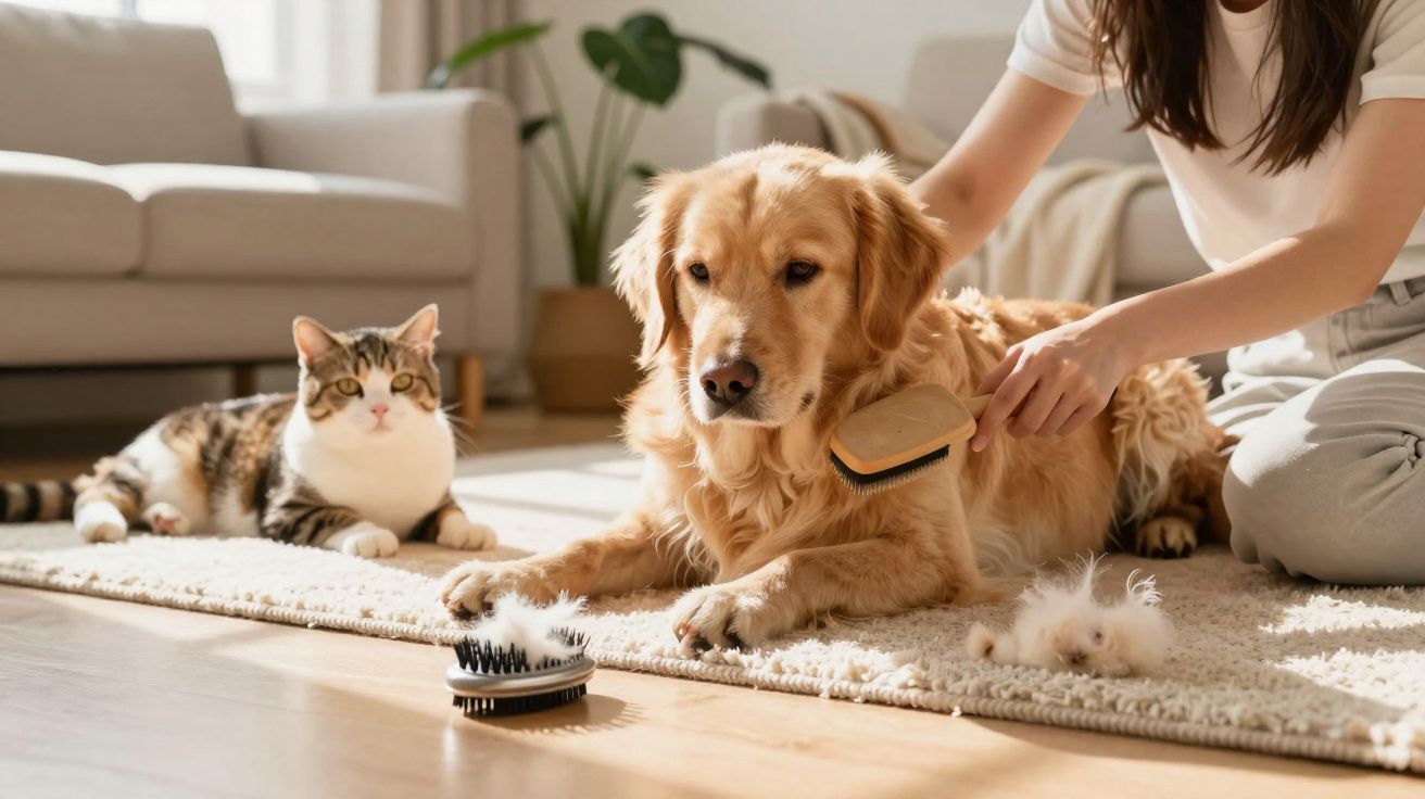 Cachorro sendo escovado por pessoa enquanto gato observa, ambos deitados sobre tapete em sala iluminada.