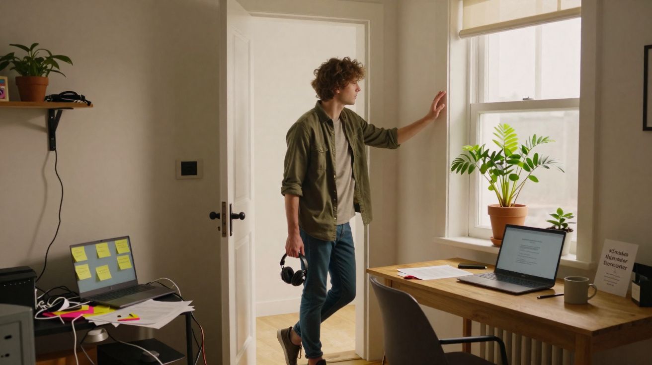 Jovem segurando fones de ouvido, olhando pela janela em escritório com duas mesas e laptops.