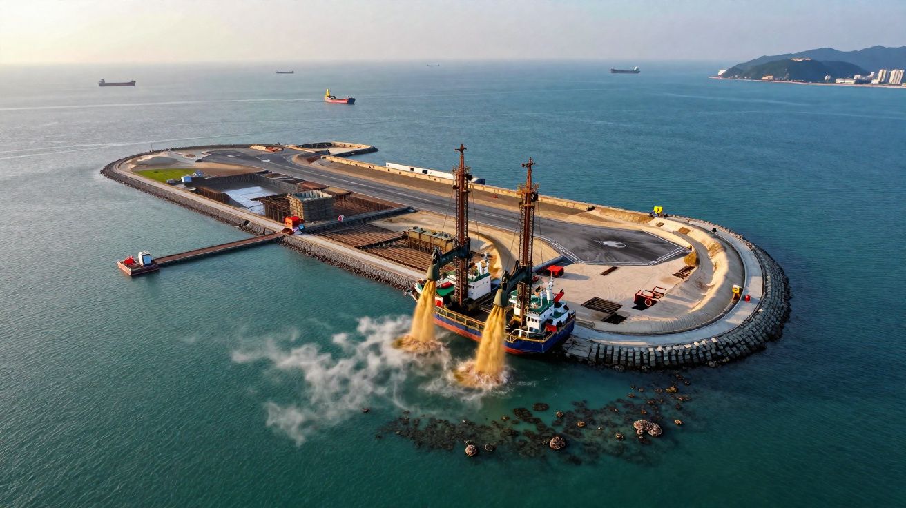 Barco dragagem despejando sedimentos próximo a um cais em forma de foguete, com mar e montanhas ao fundo.