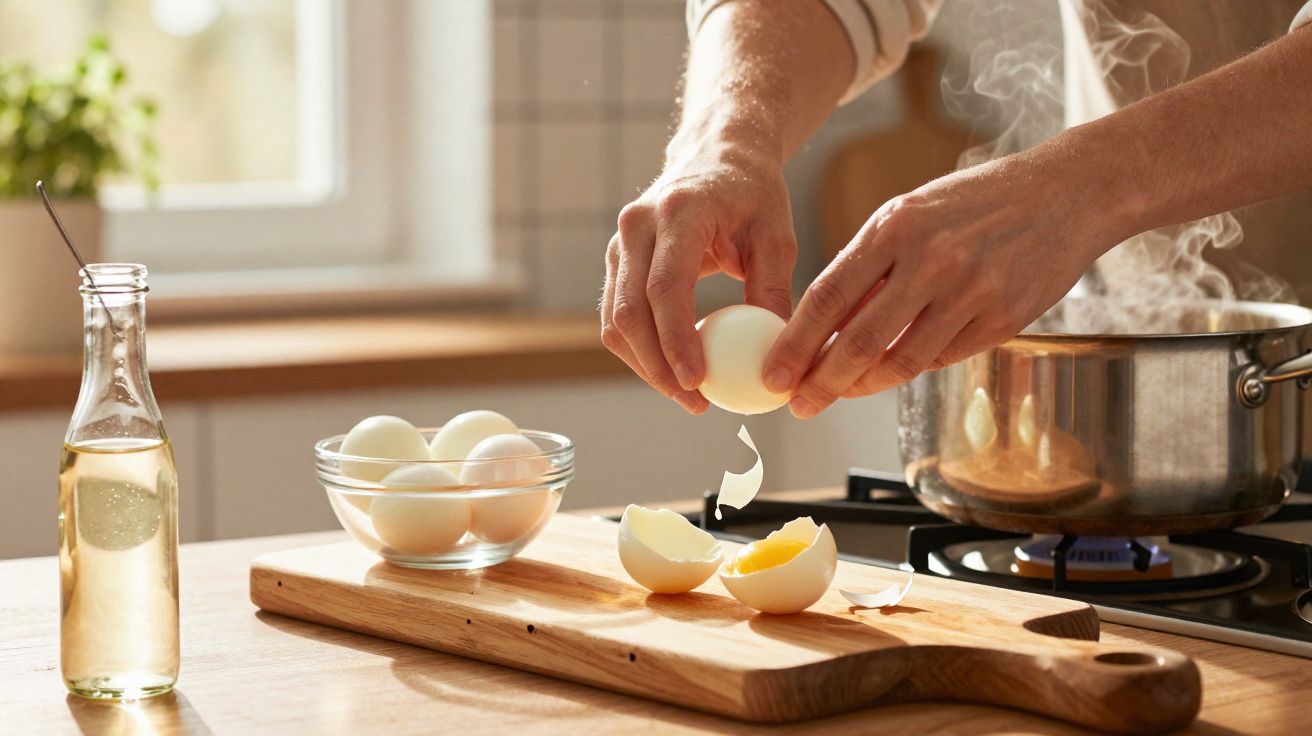 Pessoa descascando ovo cozido perto de panela com vapor em fogão e tigela com ovos crus na bancada.