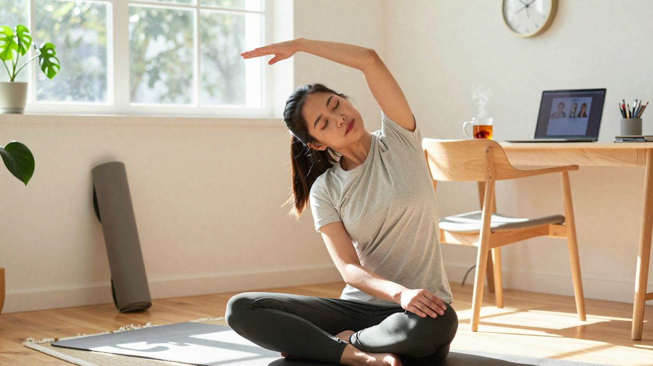 Mulher fazendo alongamento lateral sentada em tapete na sala de casa iluminada pelo sol.