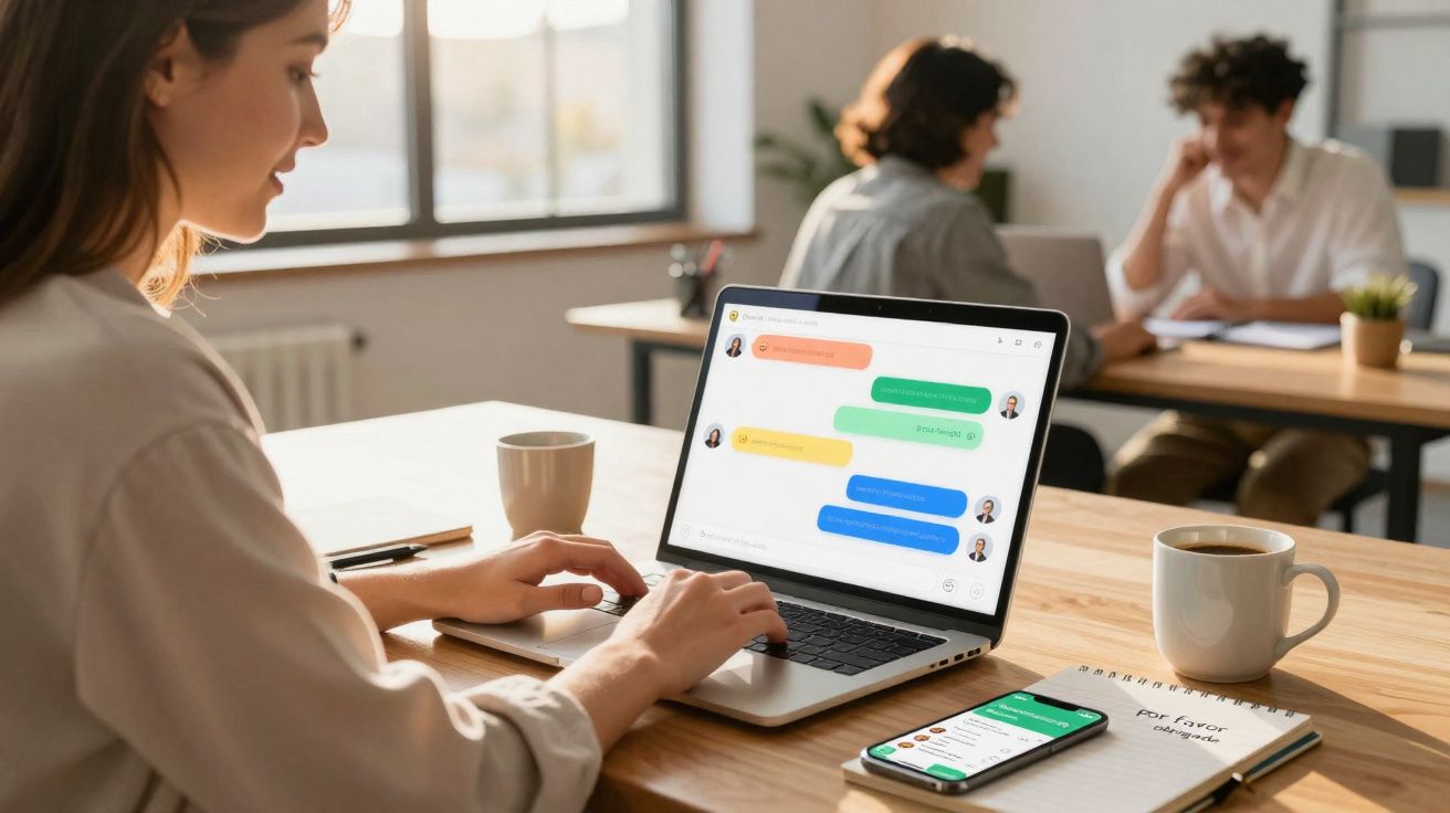 Mulher digitando em laptop com mensagens abertas, celular e café na mesa em ambiente de escritório.