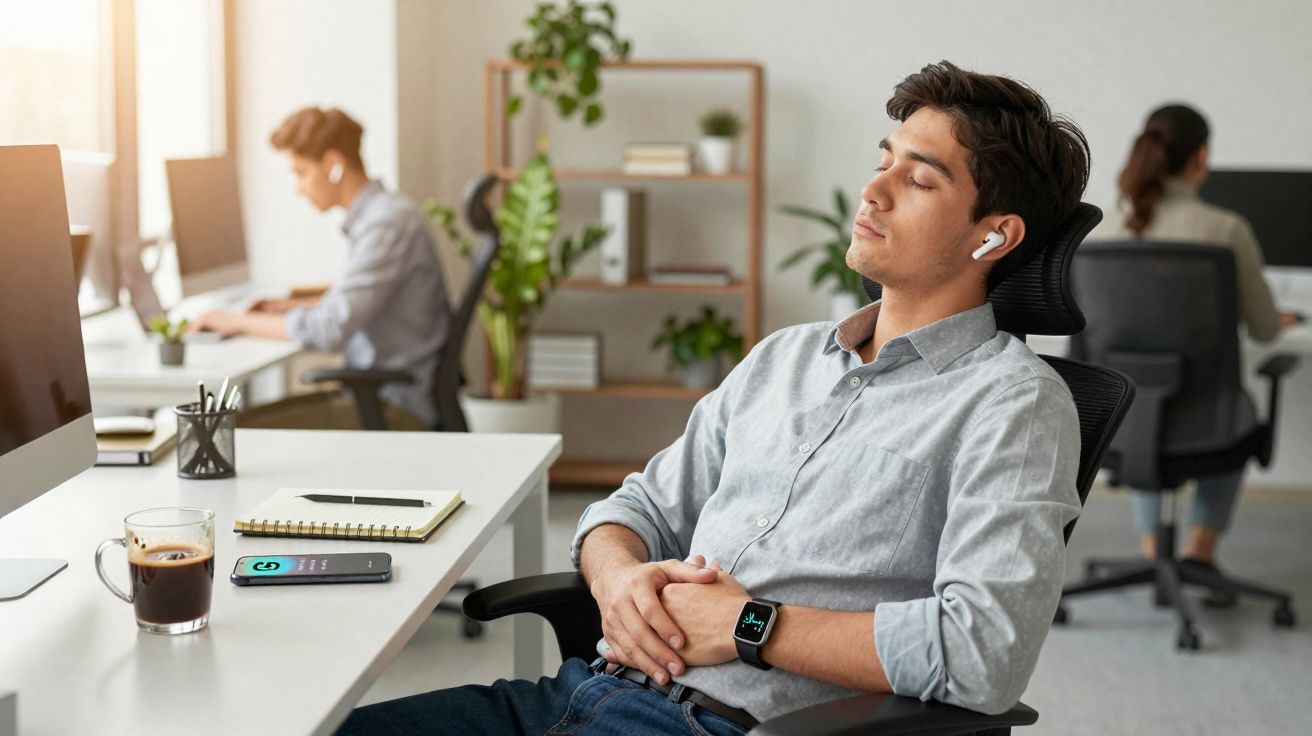 Homem jovem sentado em cadeira de escritório, relaxando com fones de ouvido e olhos fechados em ambiente de trabalho.