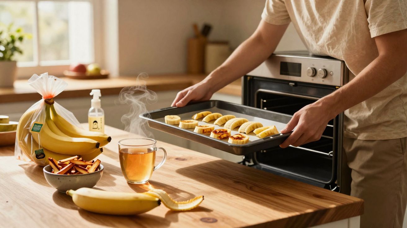 Pessoa retirando assadeira com banana e doces do forno em cozinha iluminada e mesa com chá e frutas.