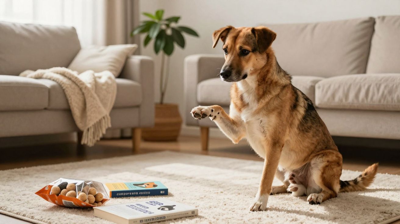 Cachorro sentado no tapete da sala levantando a pata dianteira, ao lado de livros e petiscos.