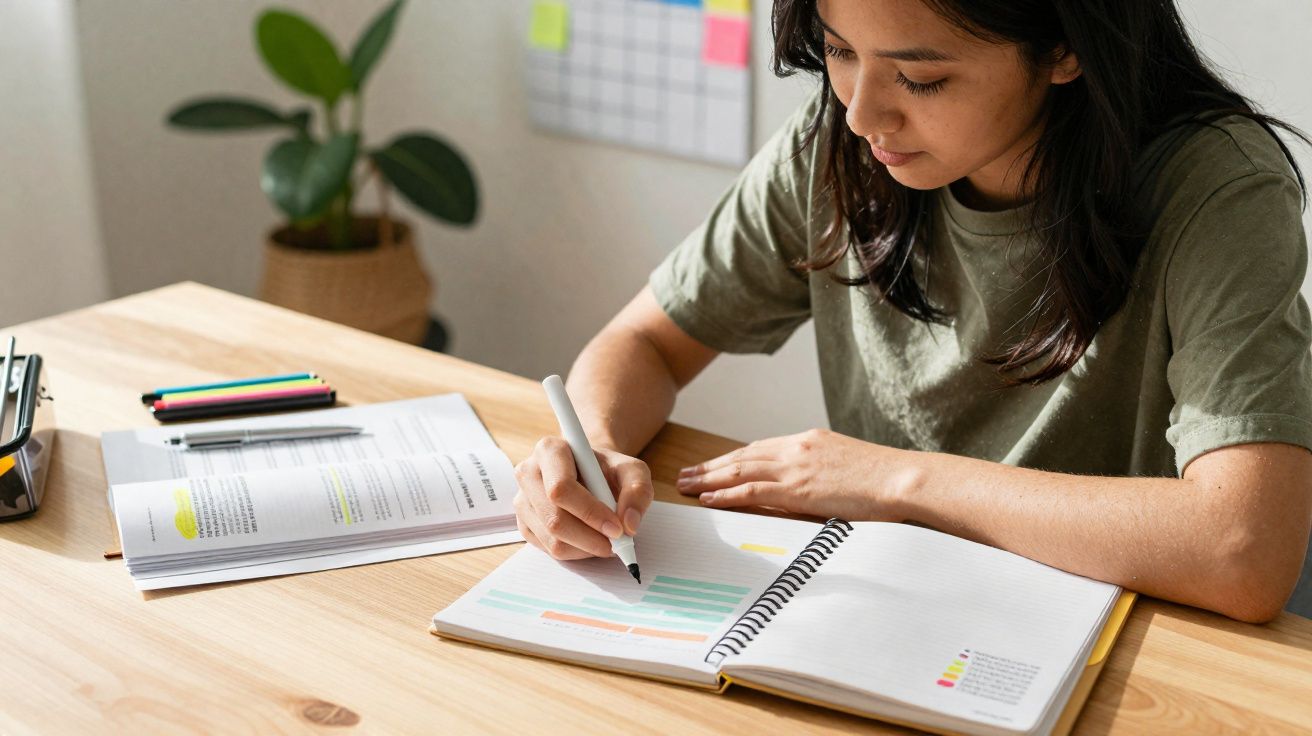 Jovem estudando e fazendo anotações em caderno aberto em mesa com livros e materiais escolares.