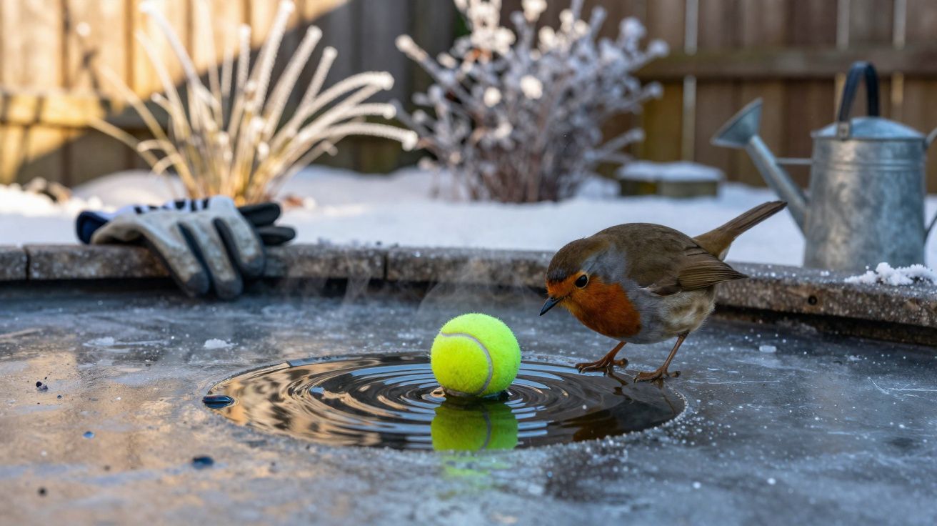 Pássaro observando bola de tênis sobre água congelada em jardim com luvas e regador ao fundo.