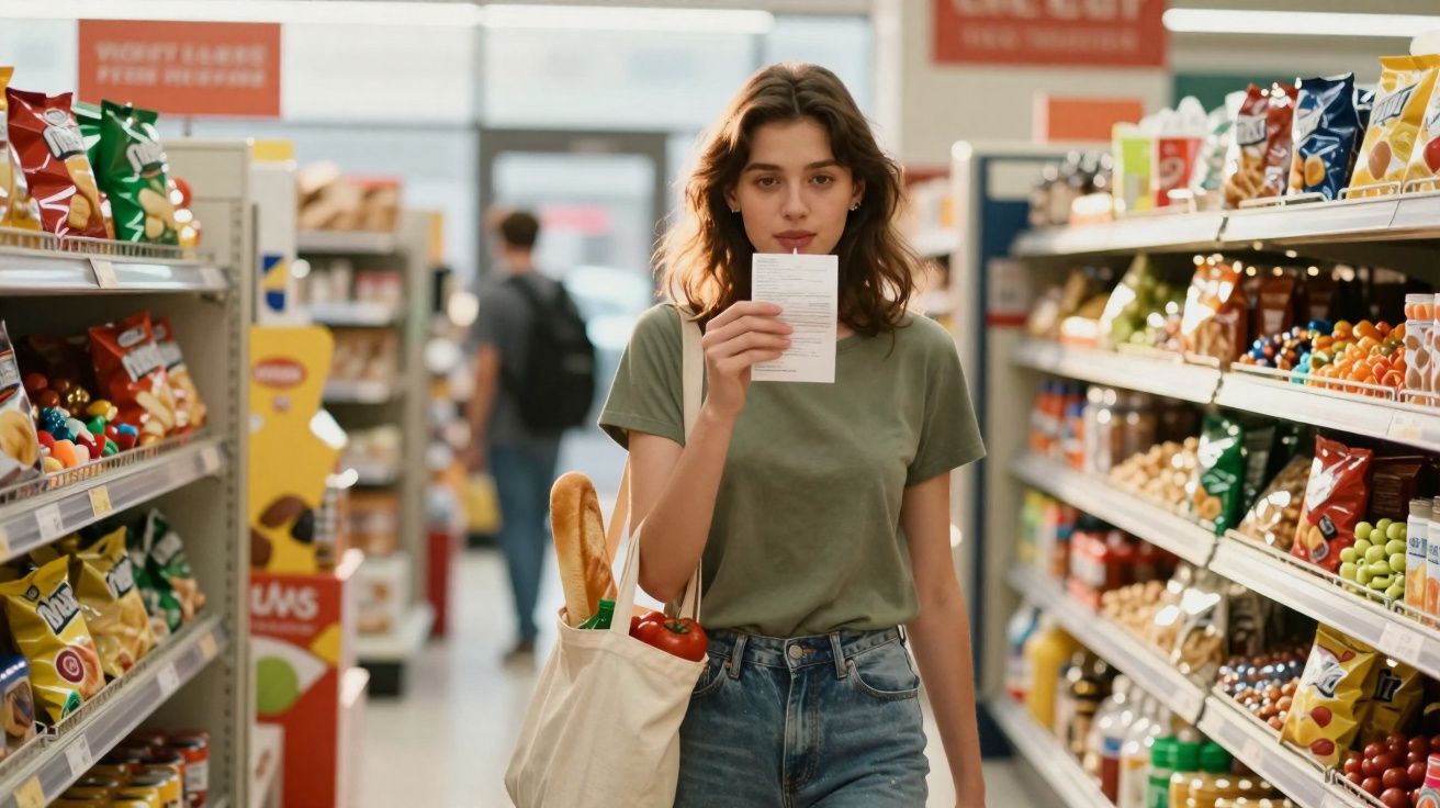 Mulher jovem em corredor de supermercado segurando lista de compras com bolsa ecológica cheia de alimentos.