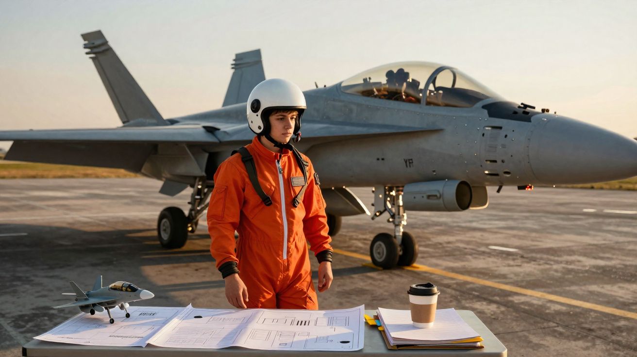 Piloto com macacão laranja e capacete branco em frente a jato militar em pista de pouso ao pôr do sol.