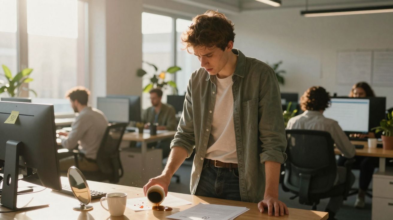 Homem derramando café acidentalmente sobre documentos em mesa de escritório com várias pessoas ao fundo.