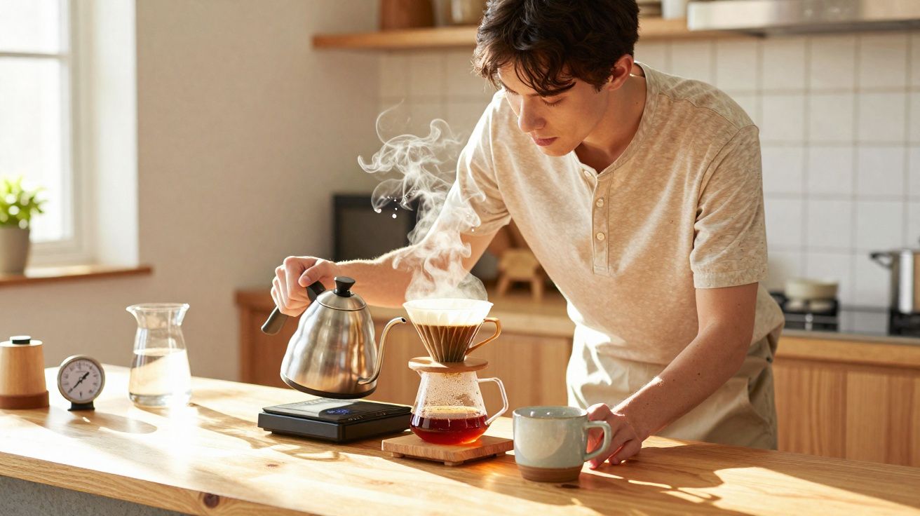 Homem preparando café coado em borras com chaleira e caneca em cozinha iluminada.
