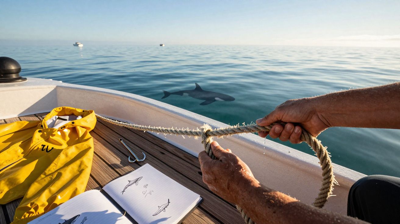 Mãos amarrando corda em barco com jaqueta amarela, caderno desenhando orcas e uma orca nadando no mar calmo.