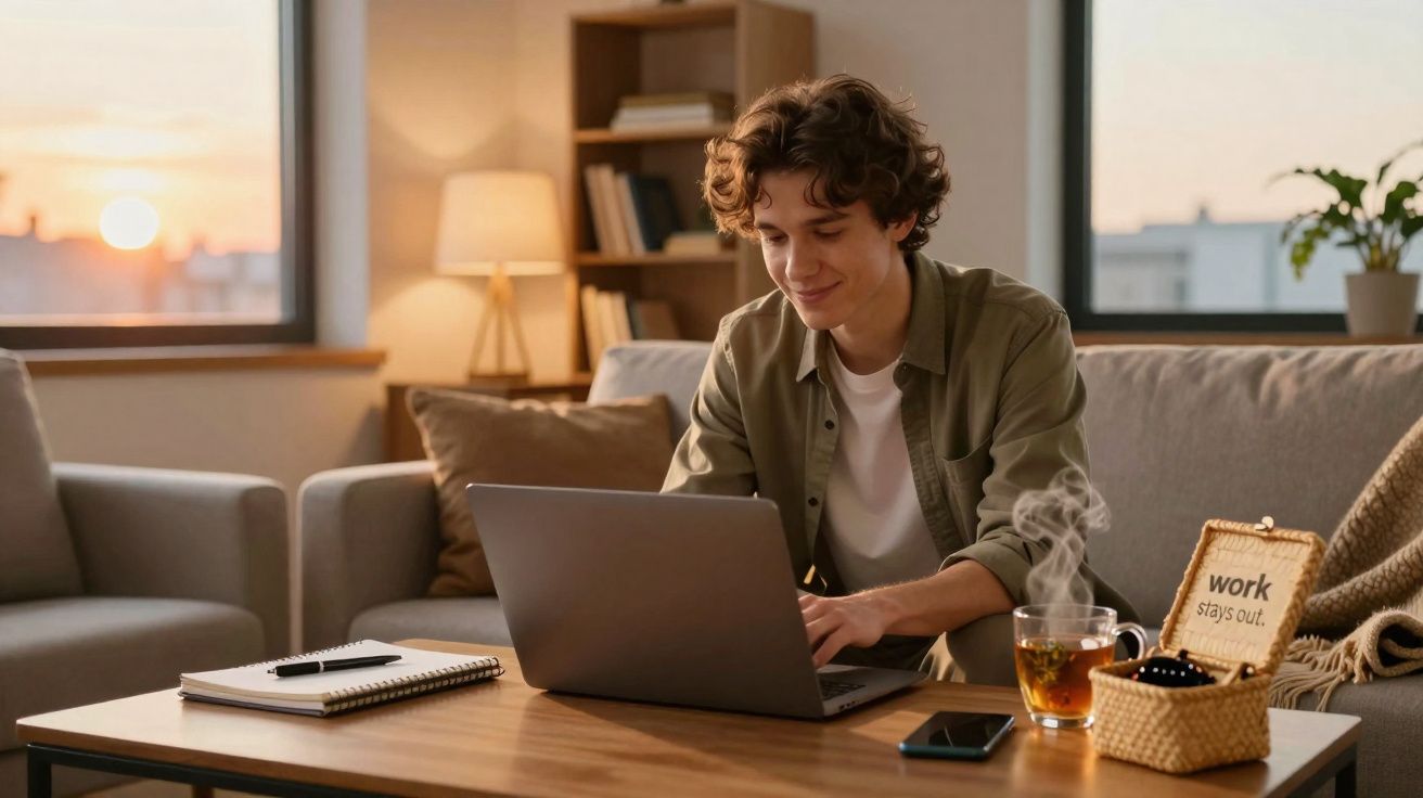 Jovem usando laptop em sala aconchegante ao pôr do sol, com chá quente e fone em cesta.