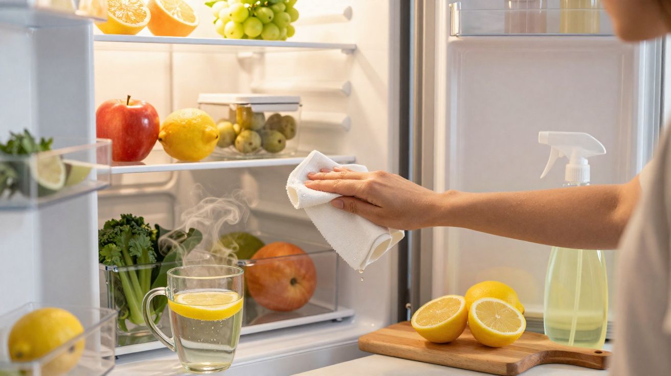 Pessoa limpando a parte interna da porta da geladeira com pano branco, frutas e spray de limpeza ao redor.