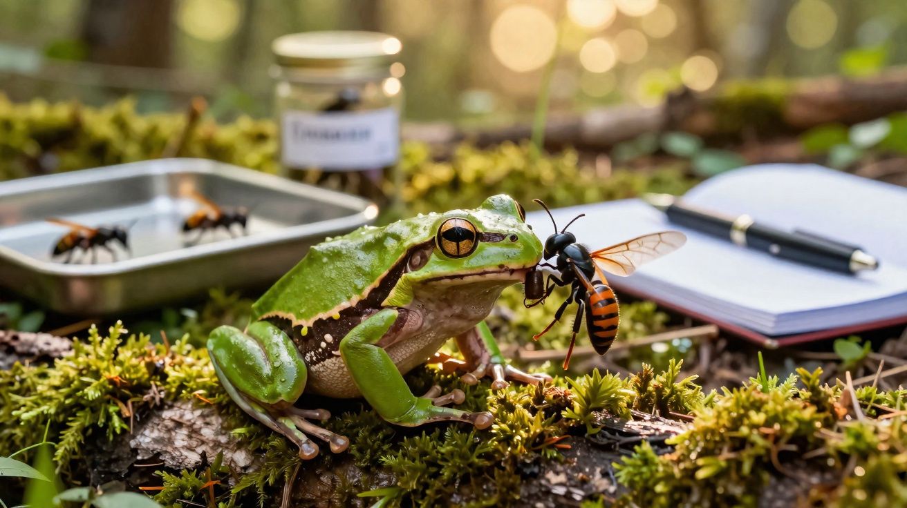 Sapo verde segurando vespa listrada laranja e preta sobre musgo com bloco de notas e jarro desfocados ao fundo.