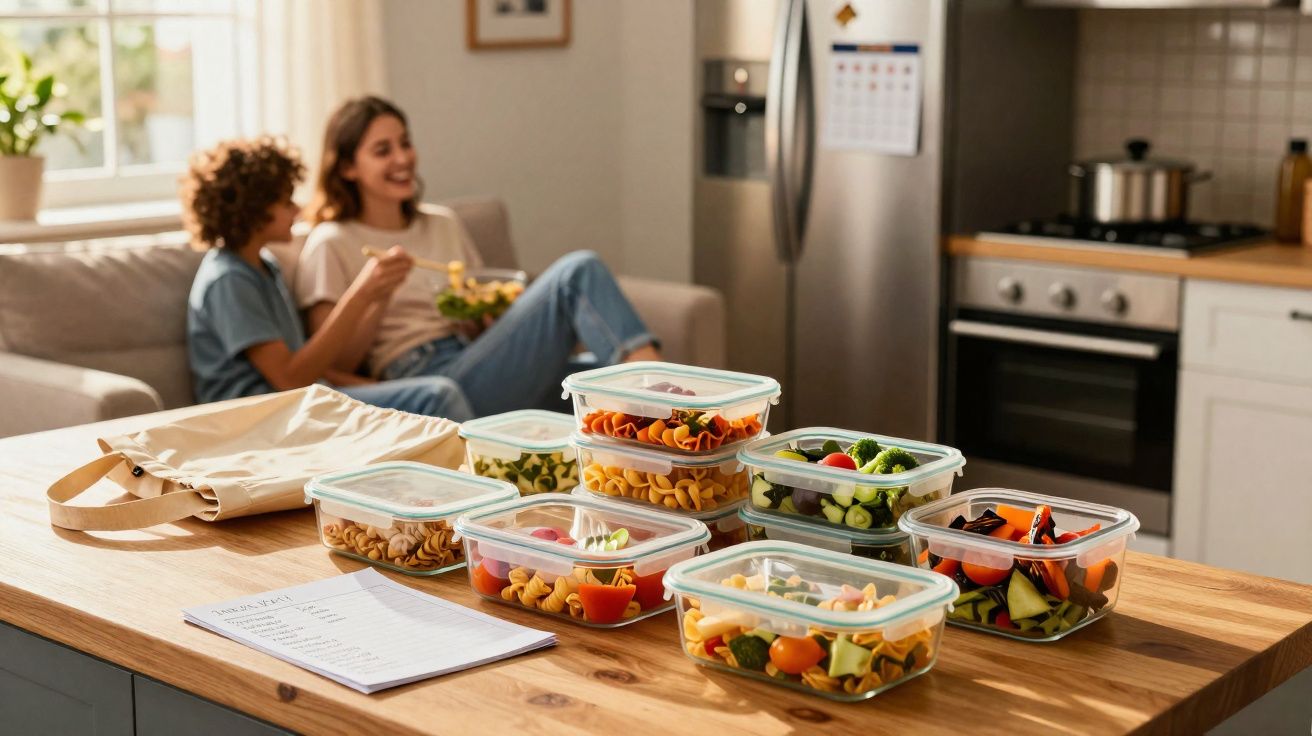 Mãe e filho sentados no sofá ao fundo com vasilhas de saladas coloridas na bancada da cozinha.
