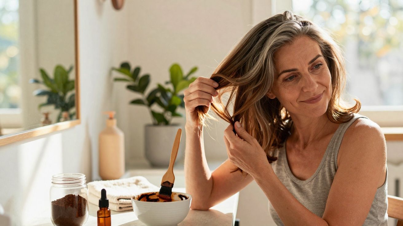 Mulher aplicando máscara capilar caseira em casa, com produtos naturais sobre a mesa.