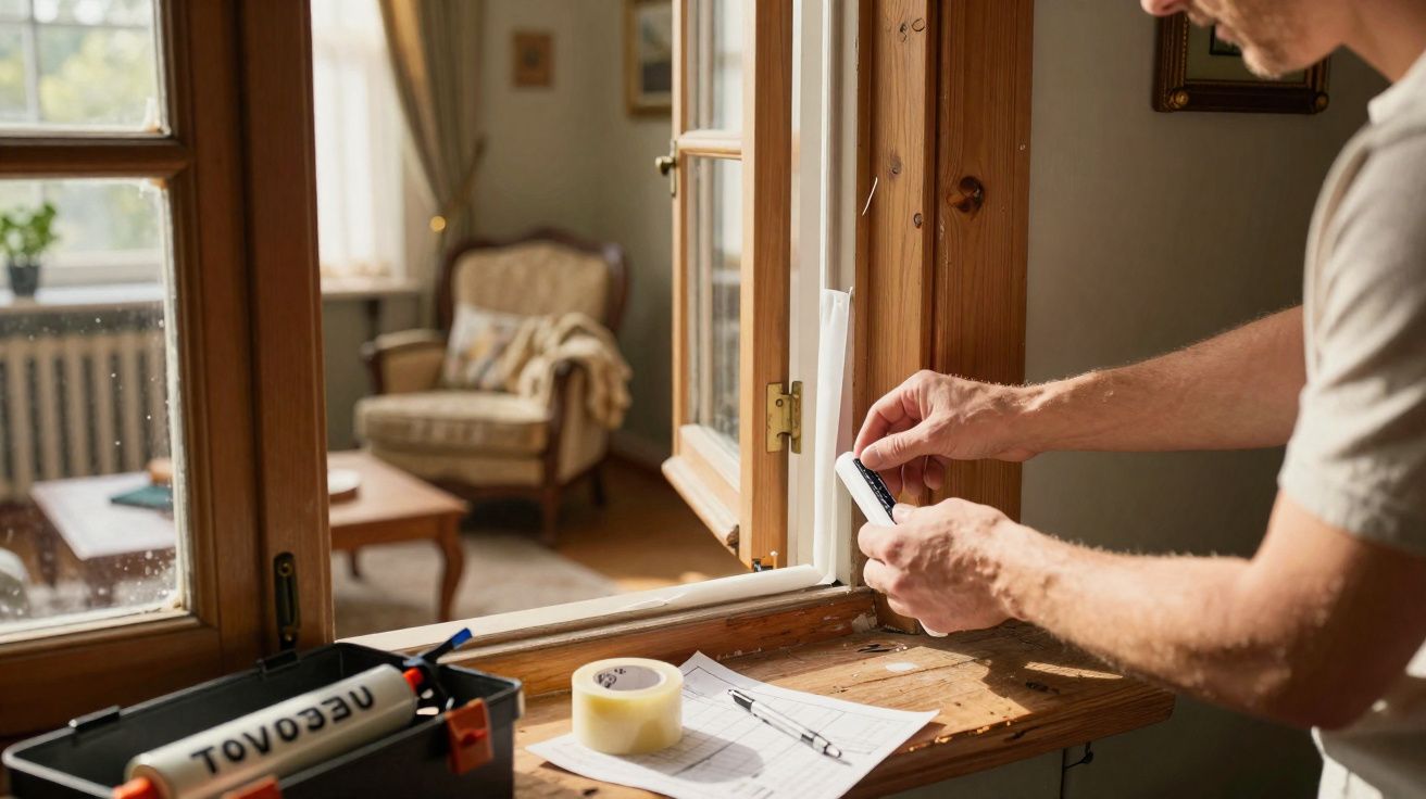 Homem instalando vedação de borracha em janela de madeira em ambiente interno iluminado.