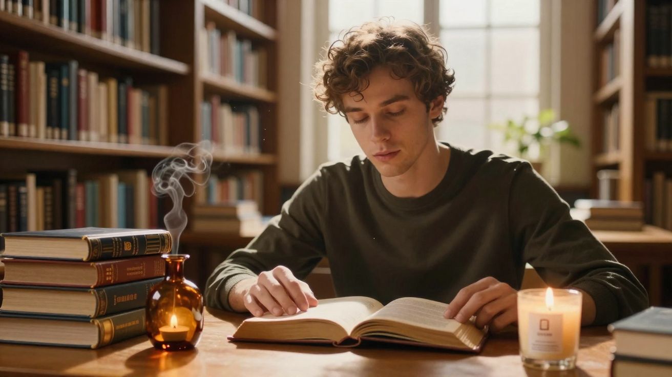 Jovem lendo livro em biblioteca com vela acesa e incenso ao lado sobre mesa de madeira.