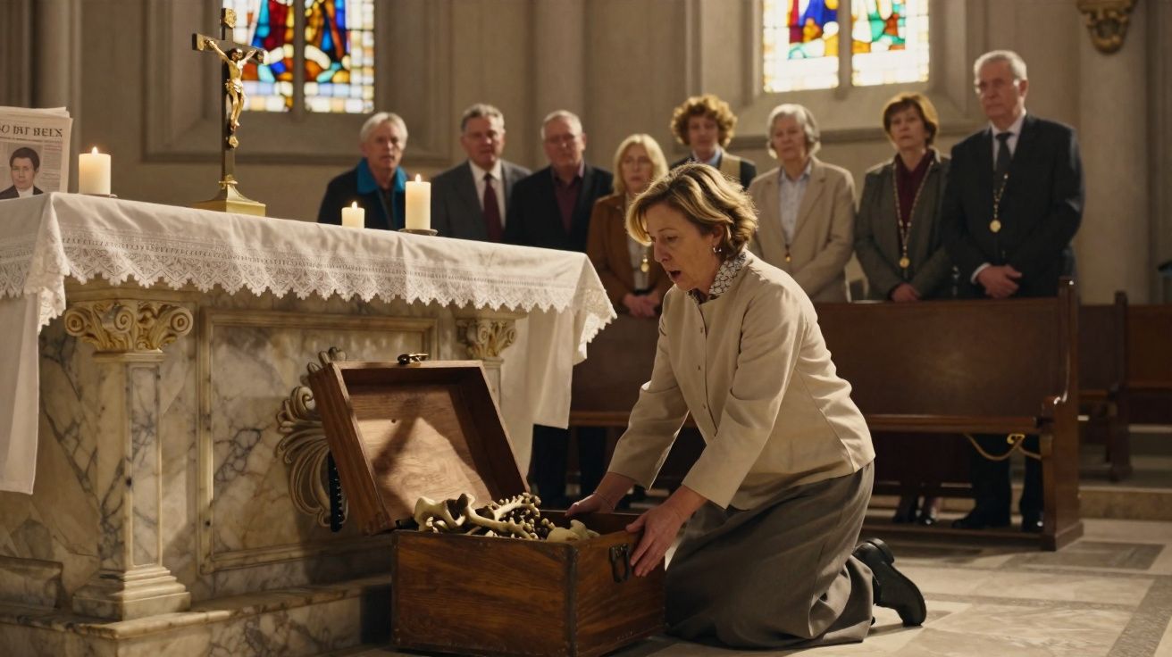 Mulher ajoelhada em igreja abrindo baú de madeira diante de altar, com várias pessoas ao fundo observando.
