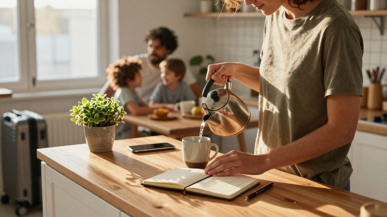 Pessoa servindo chá em xícara na cozinha enquanto família conversa ao fundo na mesa.