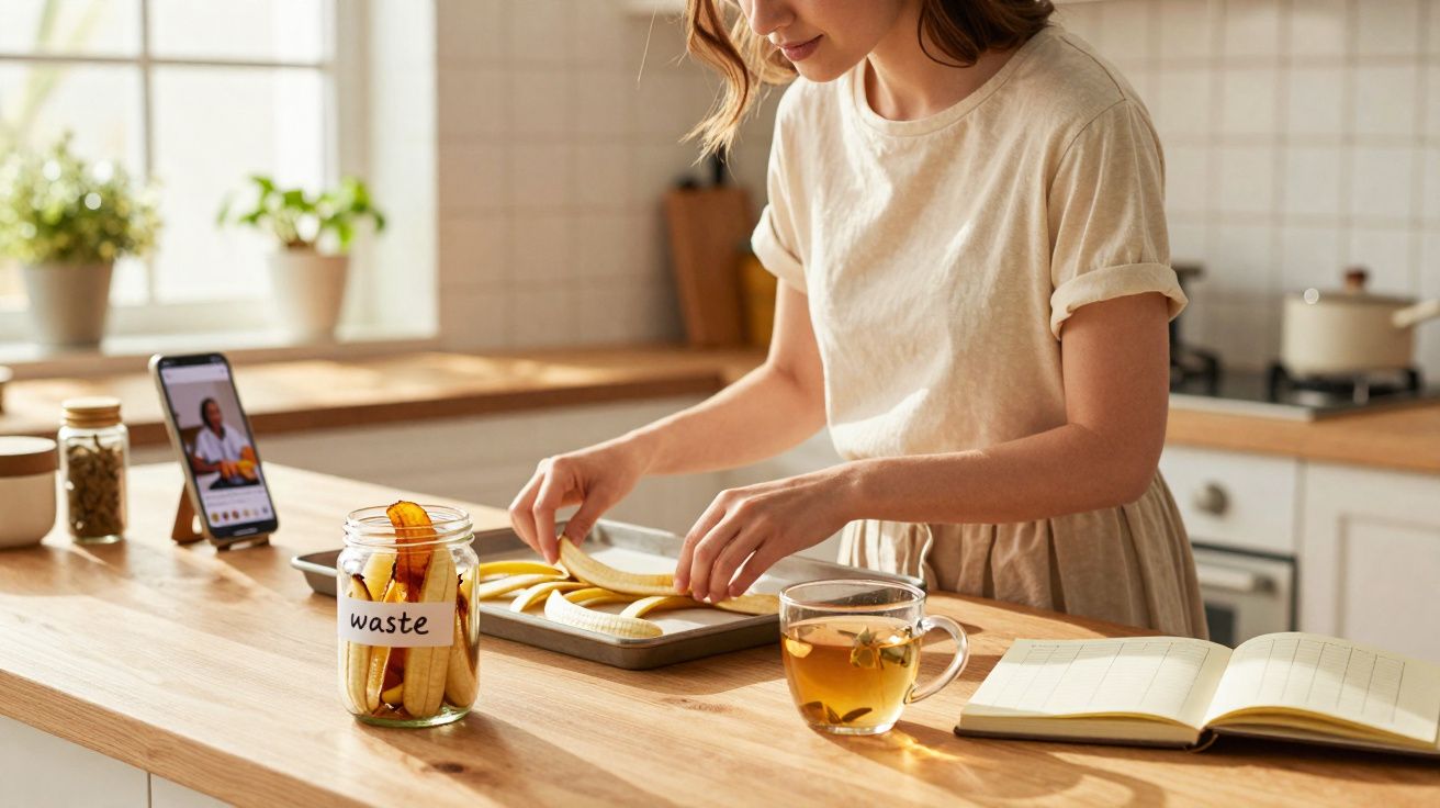 Mulher preparando biscoitos em uma cozinha com chá, pote de desperdício e celular exibindo receita.