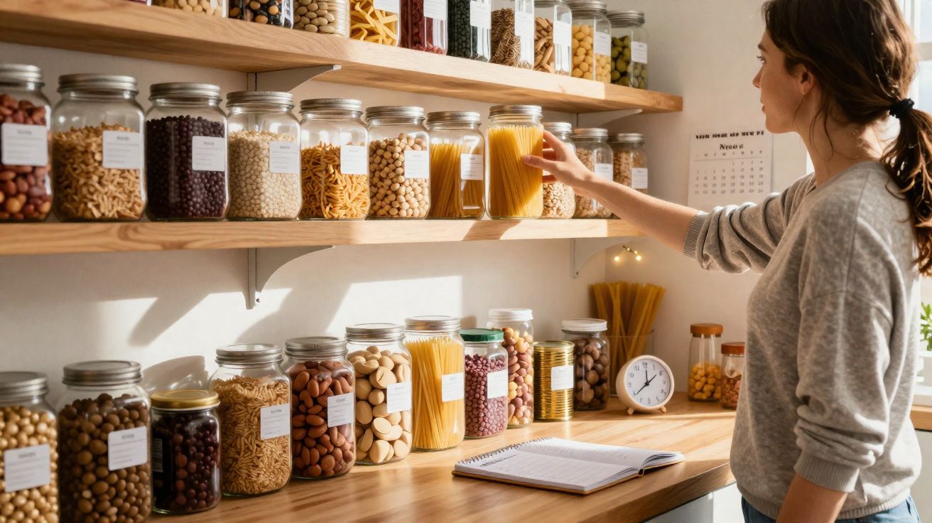 Mulher organizando potes de mantimentos na despensa com prateleiras de madeira claras.