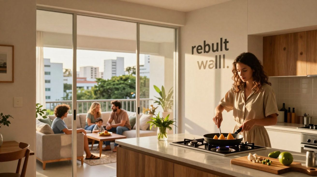 Mulher cozinha em cozinha moderna com janela e família conversando na sala iluminada pelo sol.