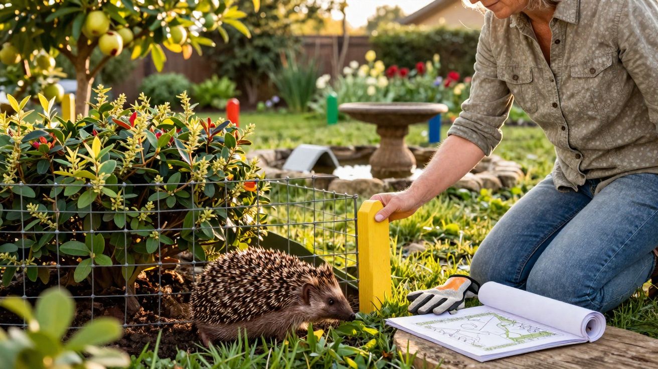 Mulher ajoelhada no jardim observando um porco-espinho próximo a plantas e um caderno de desenho.