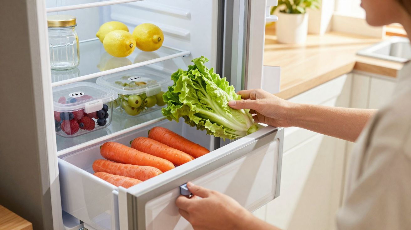 Pessoa guardando alface em uma geladeira com cenouras, frutas vermelhas, limões e uvas verdes.