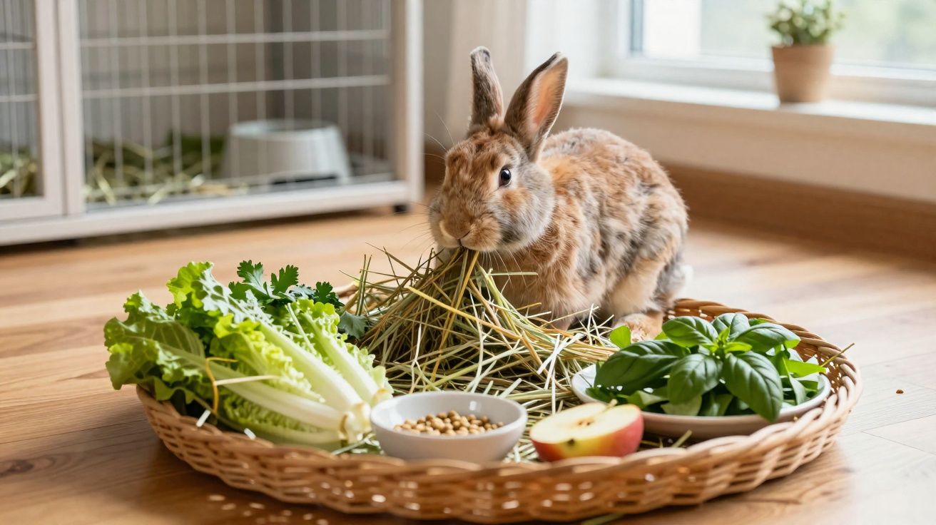 Coelho marrom comendo feno em uma bandeja com folhas verdes, maçã e sementes em ambiente interno.