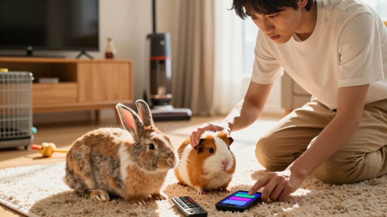 Jovem sentado no chão com coelho e porquinho-da-índia em tapete claro em sala iluminada.
