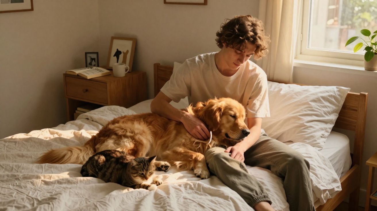 Jovem sentado na cama acariciando um cachorro dourado enquanto um gato está deitado ao lado deles.