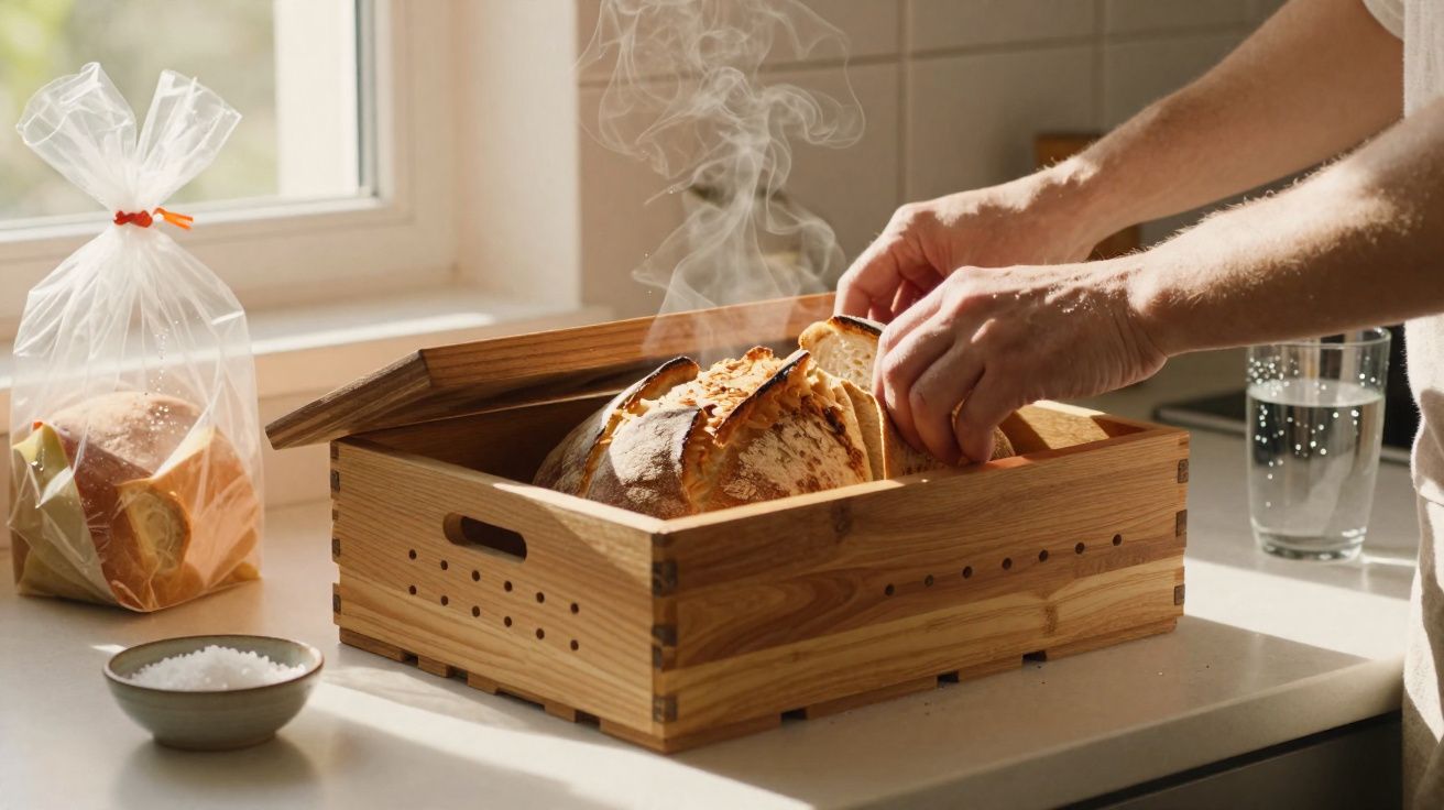 Mãos pegando fatias de pão quente em caixa de madeira na bancada da cozinha iluminada pelo sol.
