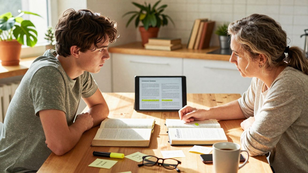Jovem e mulher estudam juntos em mesa de madeira com livros, tablet, marca-texto e café em ambiente iluminado.