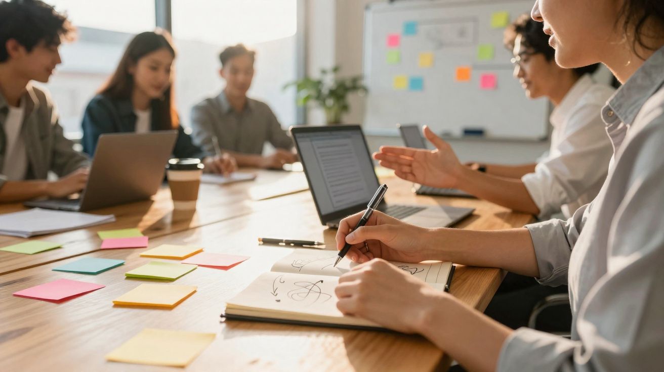 Grupo de pessoas reunidas em mesa com laptops, blocos de notas e post-its coloridos em reunião de trabalho.