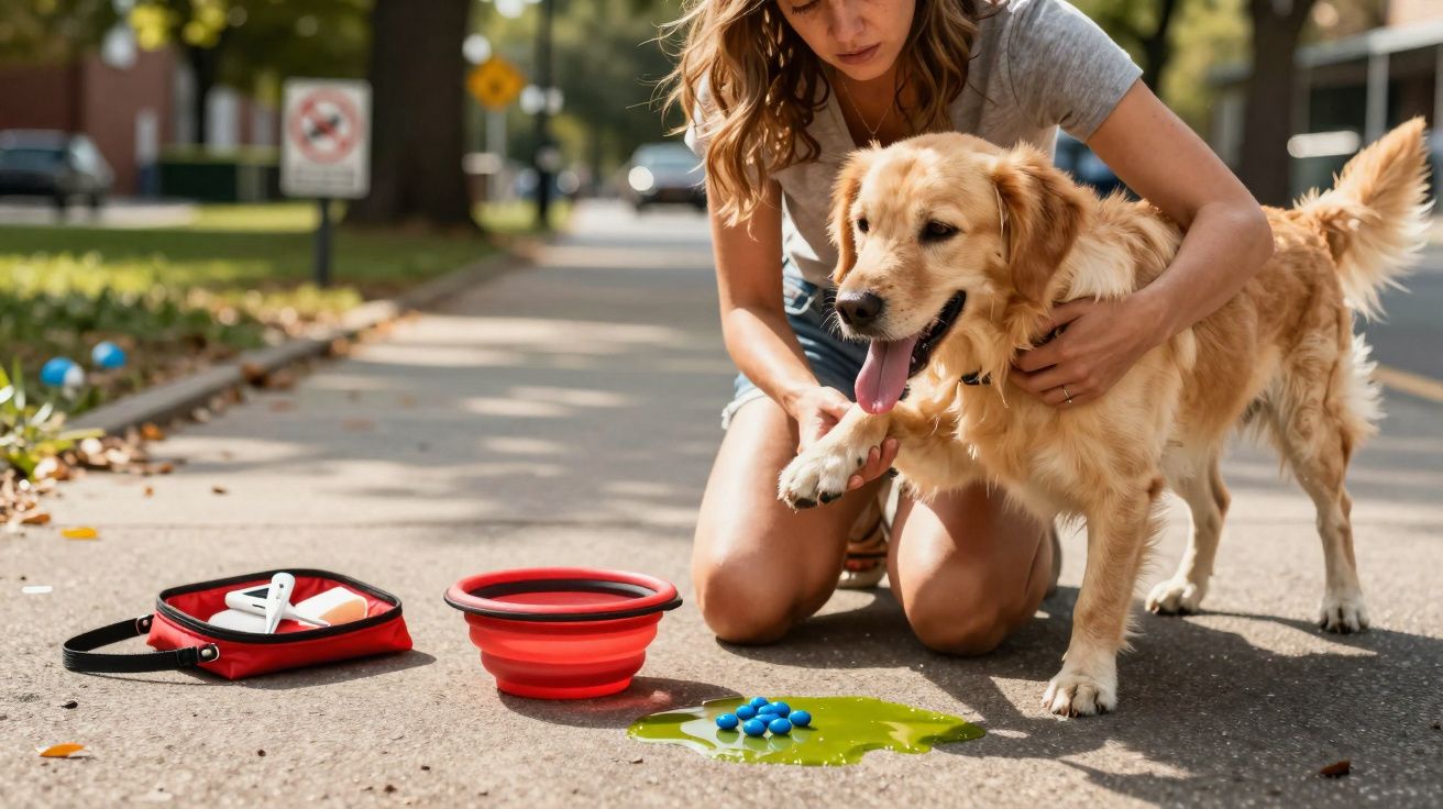 Mulher ajoelhada com cachorro golden retriever dando a pata na calçada em dia ensolarado.