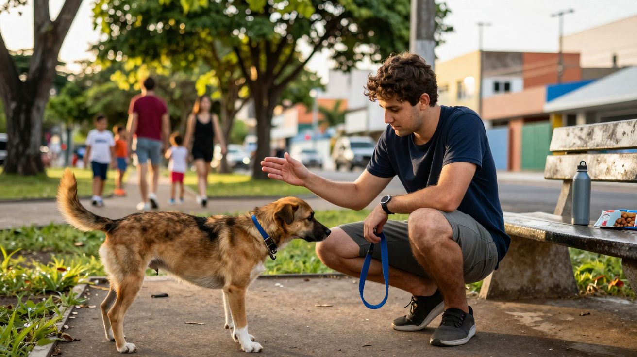 Homem agachado brinca com cachorro em parque urbano com pessoas ao fundo no fim da tarde.