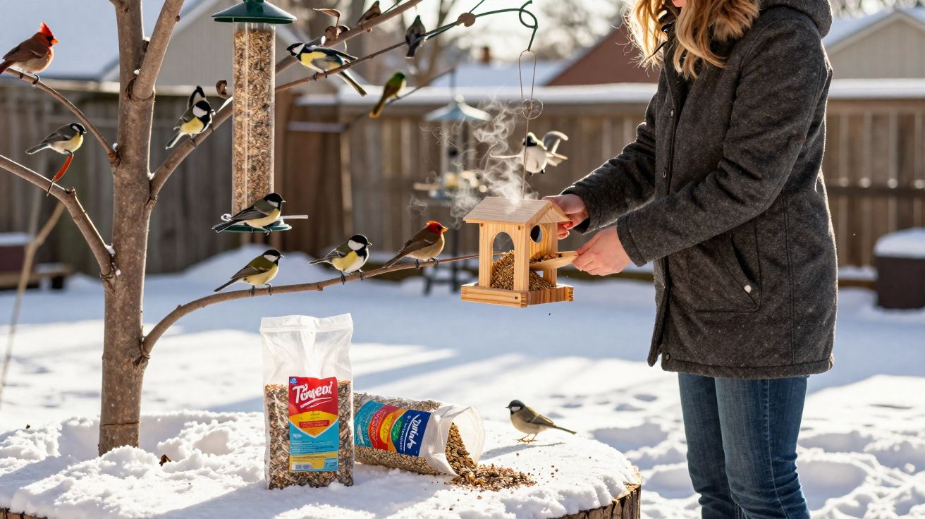 Pessoa alimenta pássaros em comedouro de madeira no jardim nevado, com várias aves nos galhos e sementes no tronco.