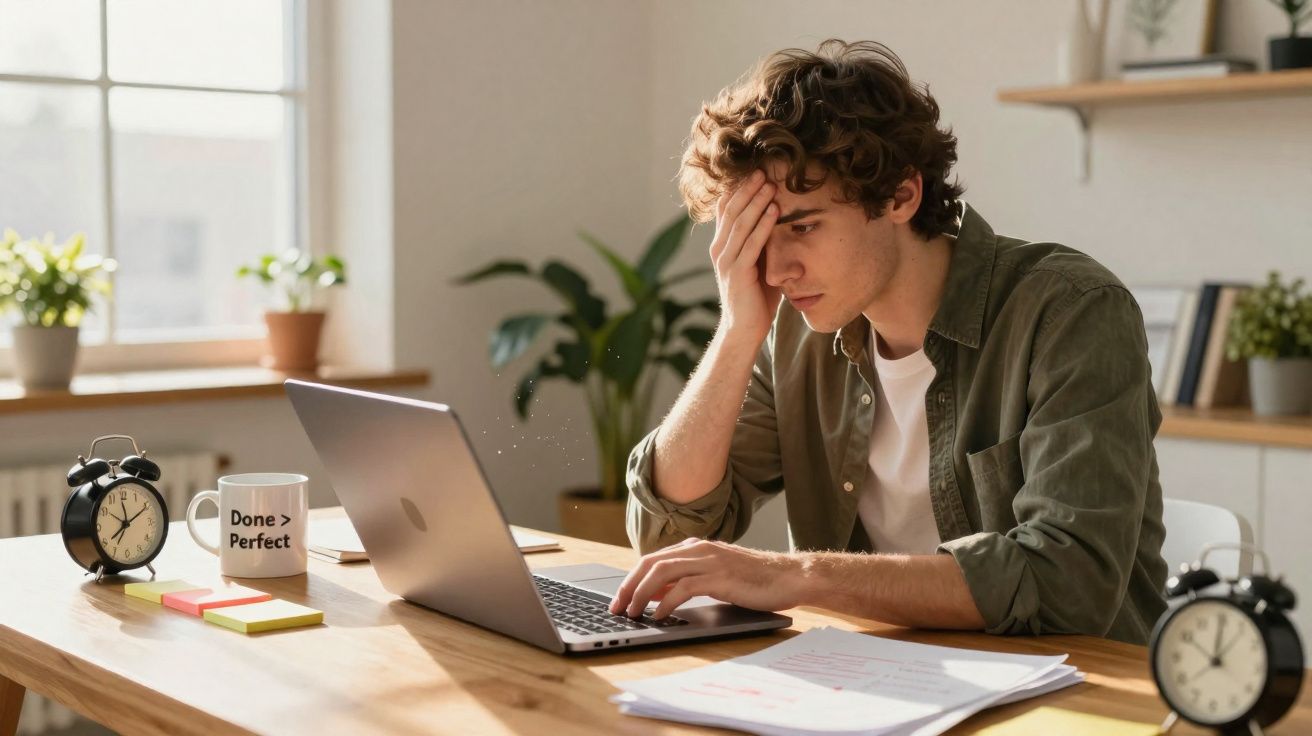 Jovem preocupado trabalha em laptop sentado à mesa com relógios e documentos em ambiente iluminado.