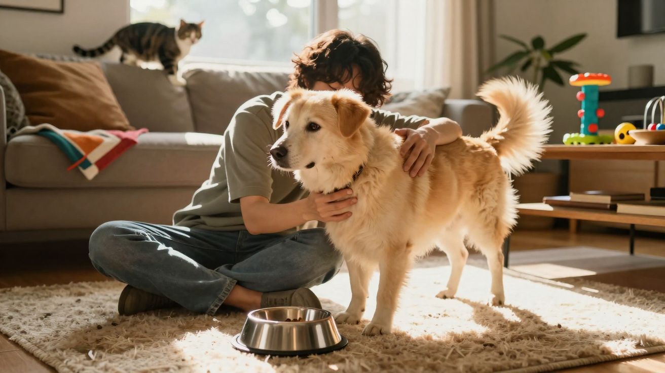 Pessoa sentada no chão acariciando um cachorro perto de uma tigela e um gato no sofá ao fundo.
