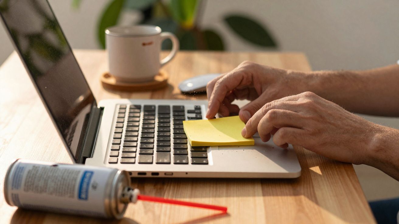 Mãos usando adesivo amarelo em laptop com spray, xícara e mouse sobre mesa de madeira clara.