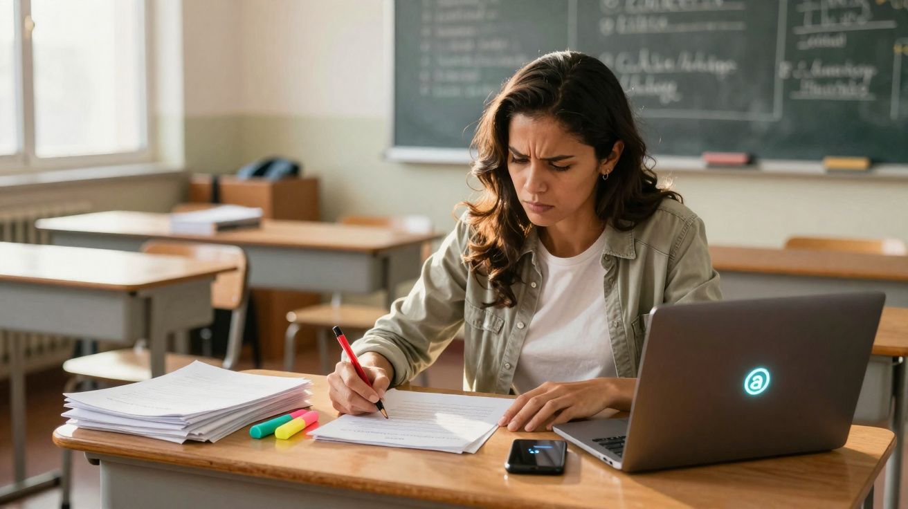 Mulher concentrada escrevendo em folha com laptop, celular e marcadores em mesa de sala de aula vazia.